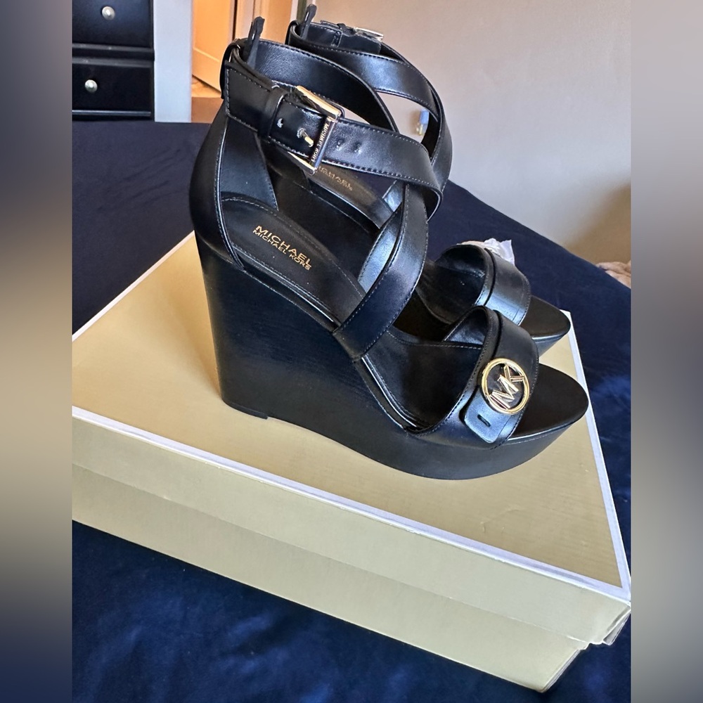 Brand New Michael Kors Black Leather Wedge